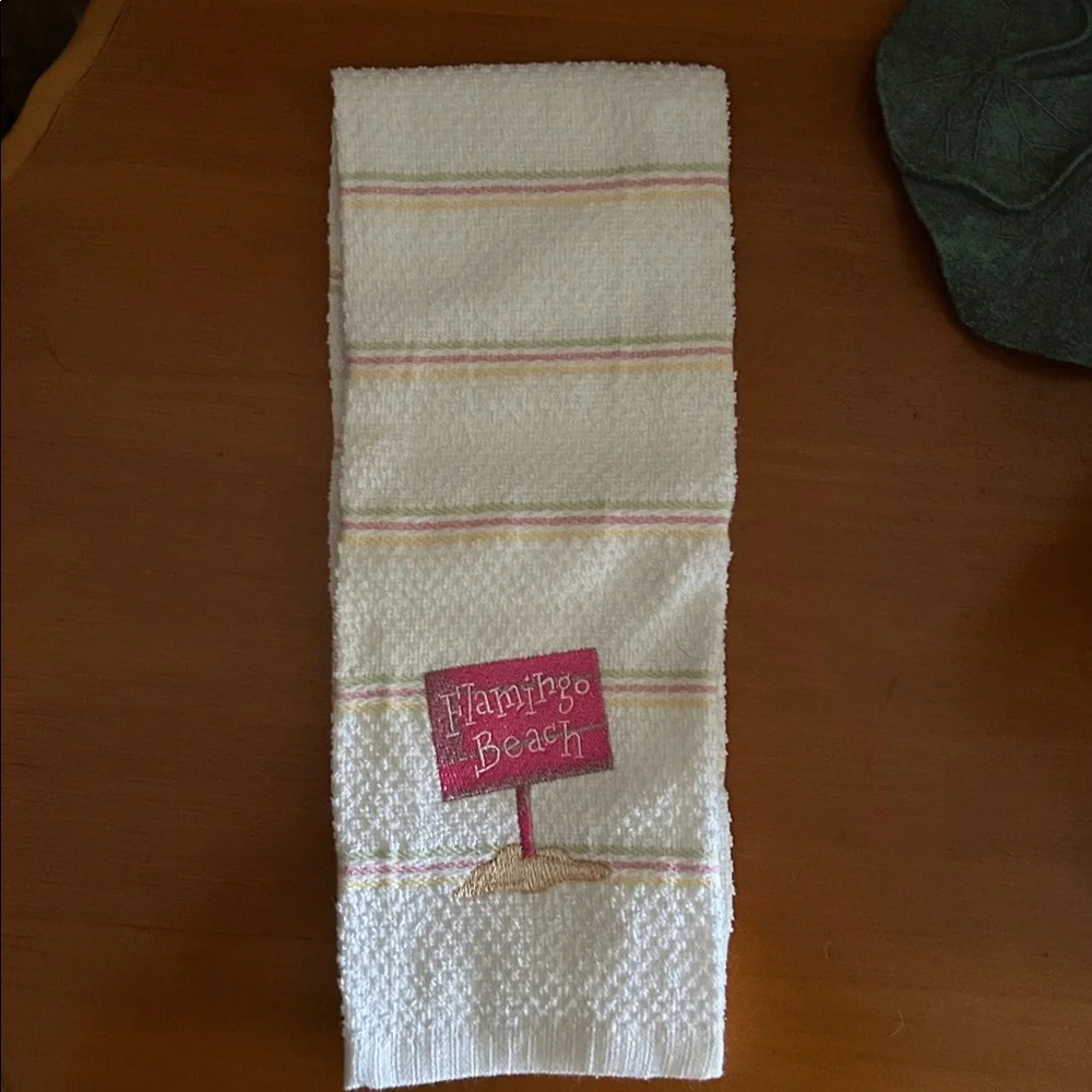 White Kitchen Towel with Pink Flamingo Beach Design